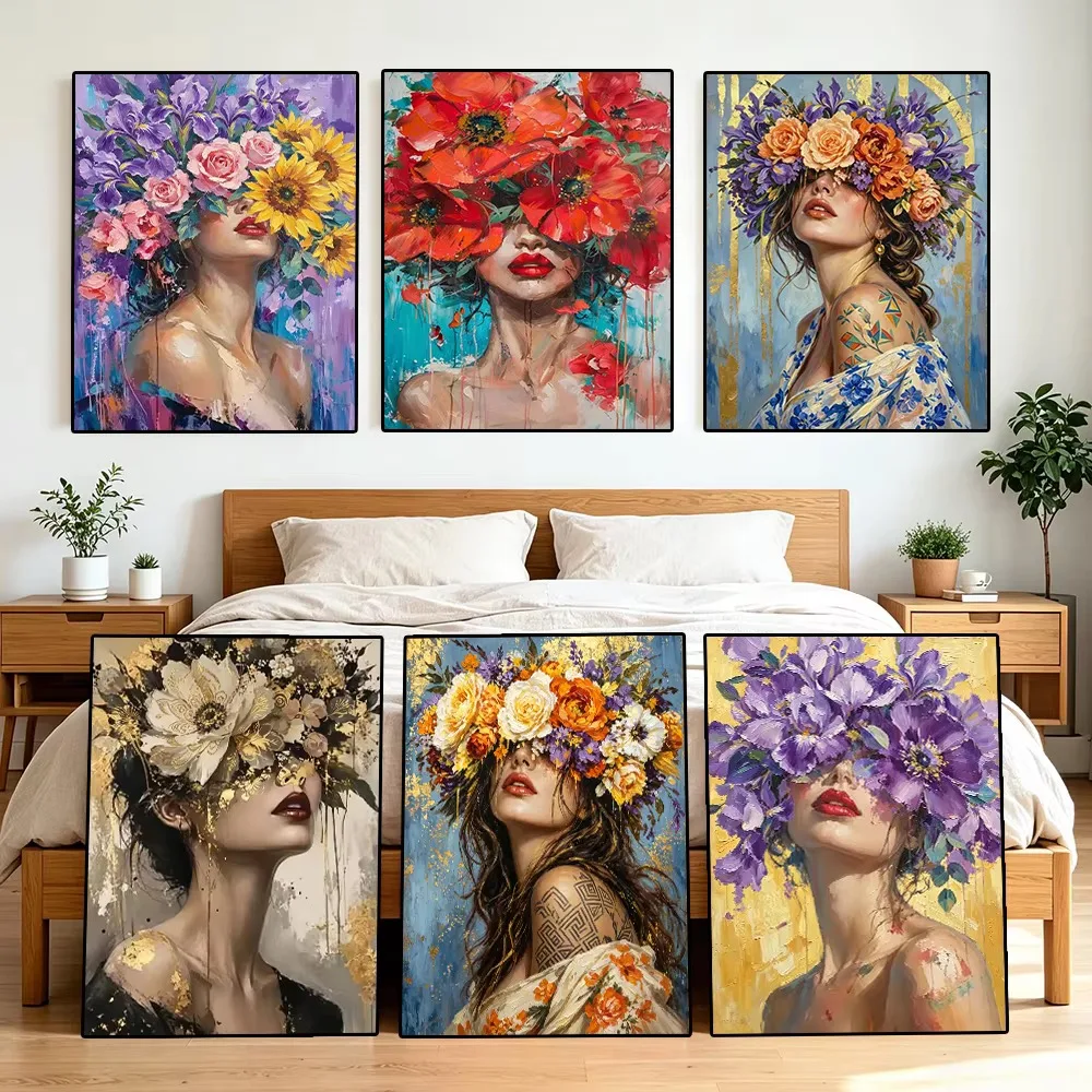 Photo Mosaic Print - ダイヤモンドペイントによる抽象的な女性と花のモザイクアート。手作りで、精巧な作りで、創造性あふれる贈り物や、お部屋の装飾に最適。