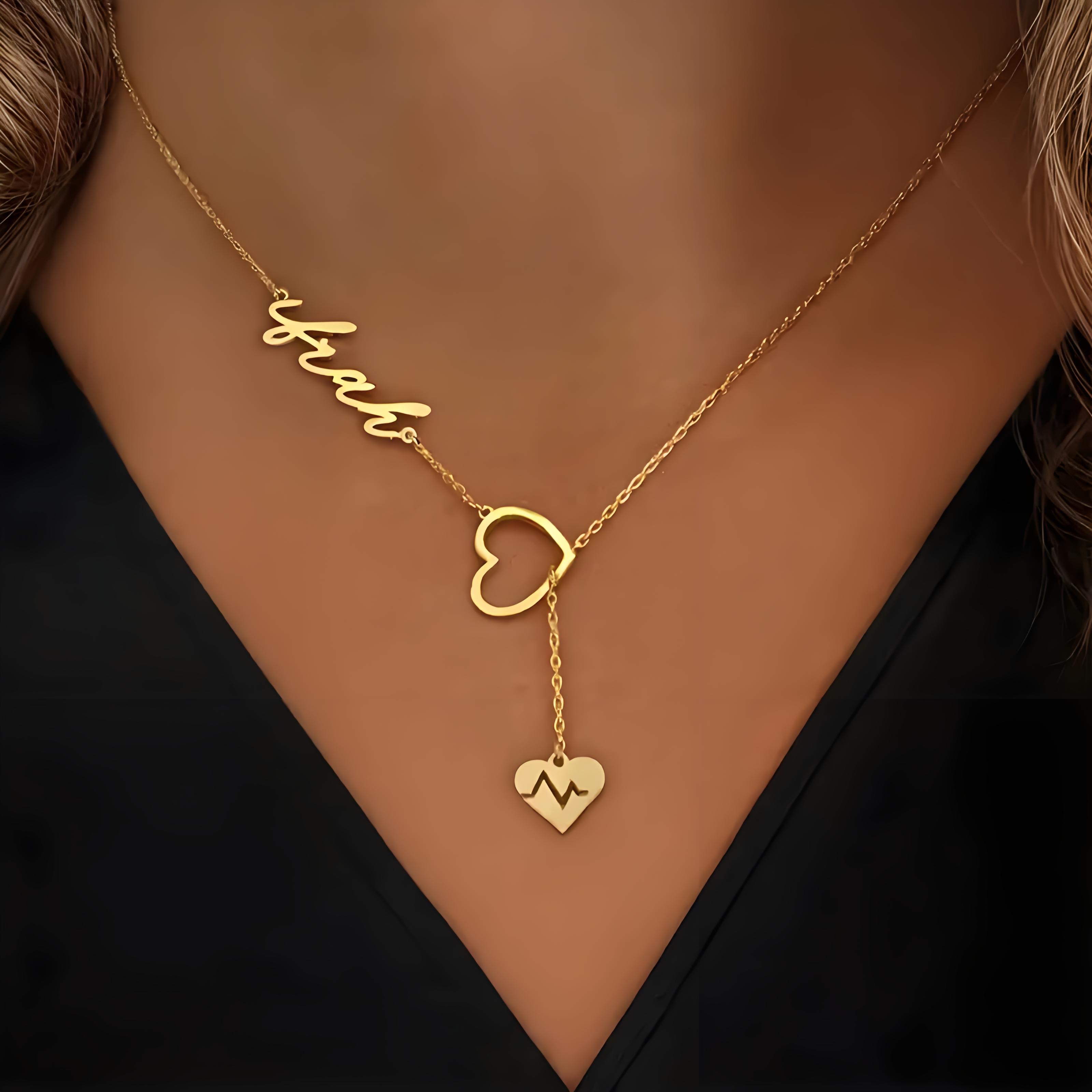 Birth Flower Necklace - パーソナライズされたカップルのハートビートネームネックレス、Y字型チェーンカスタムジュエリー、バレンタインデーのギフトに最適