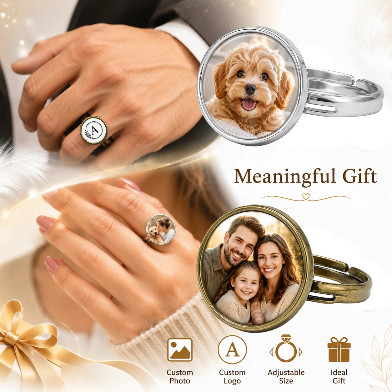 カスタマイズされた写真ロゴ調節可能なリング写真ペット家族ラウ - Initial Ring Custom のレビューと価格
