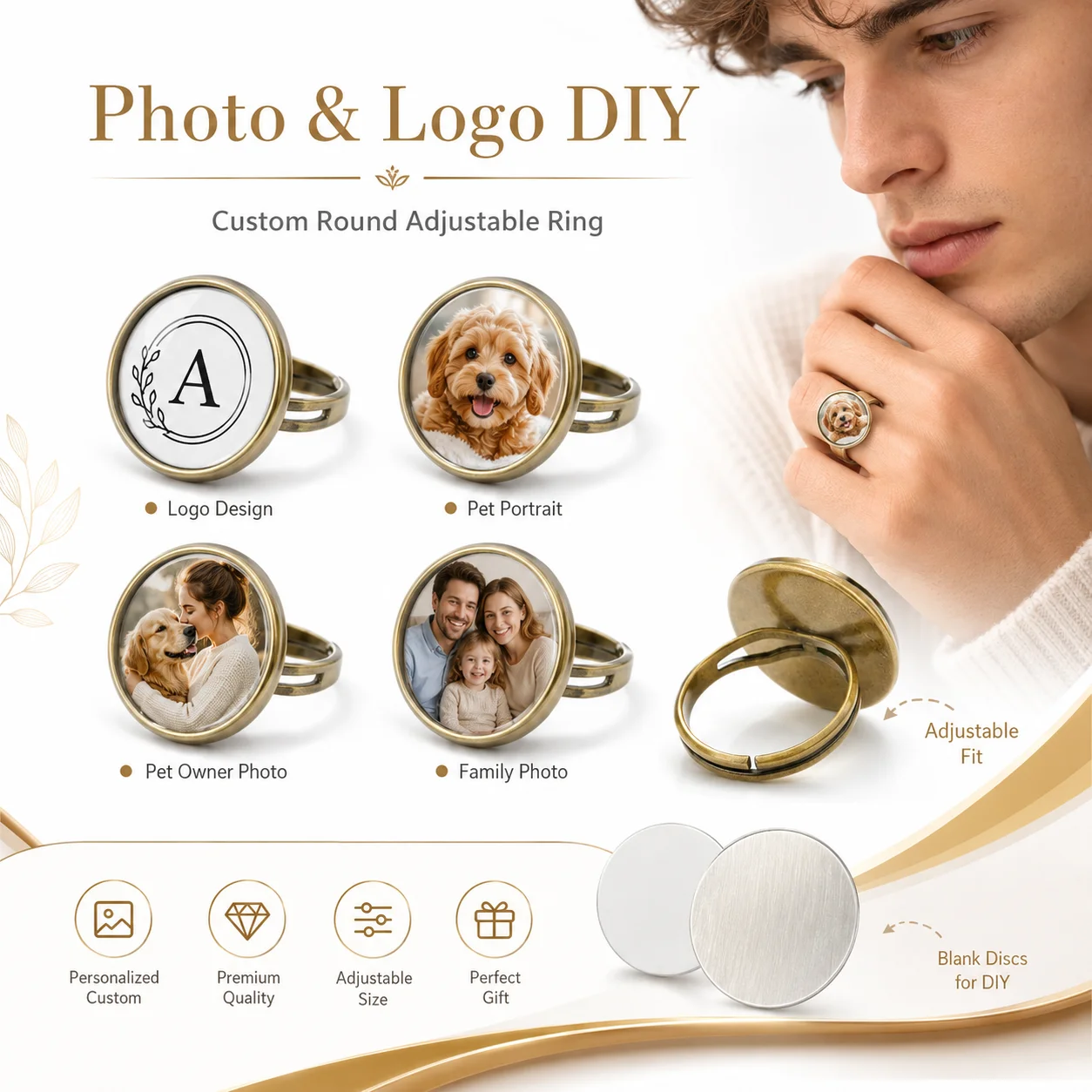 カスタマイズされた写真ロゴ調節可能なリング写真ペット家族ラウ - Initial Ring Custom のレビューと価格